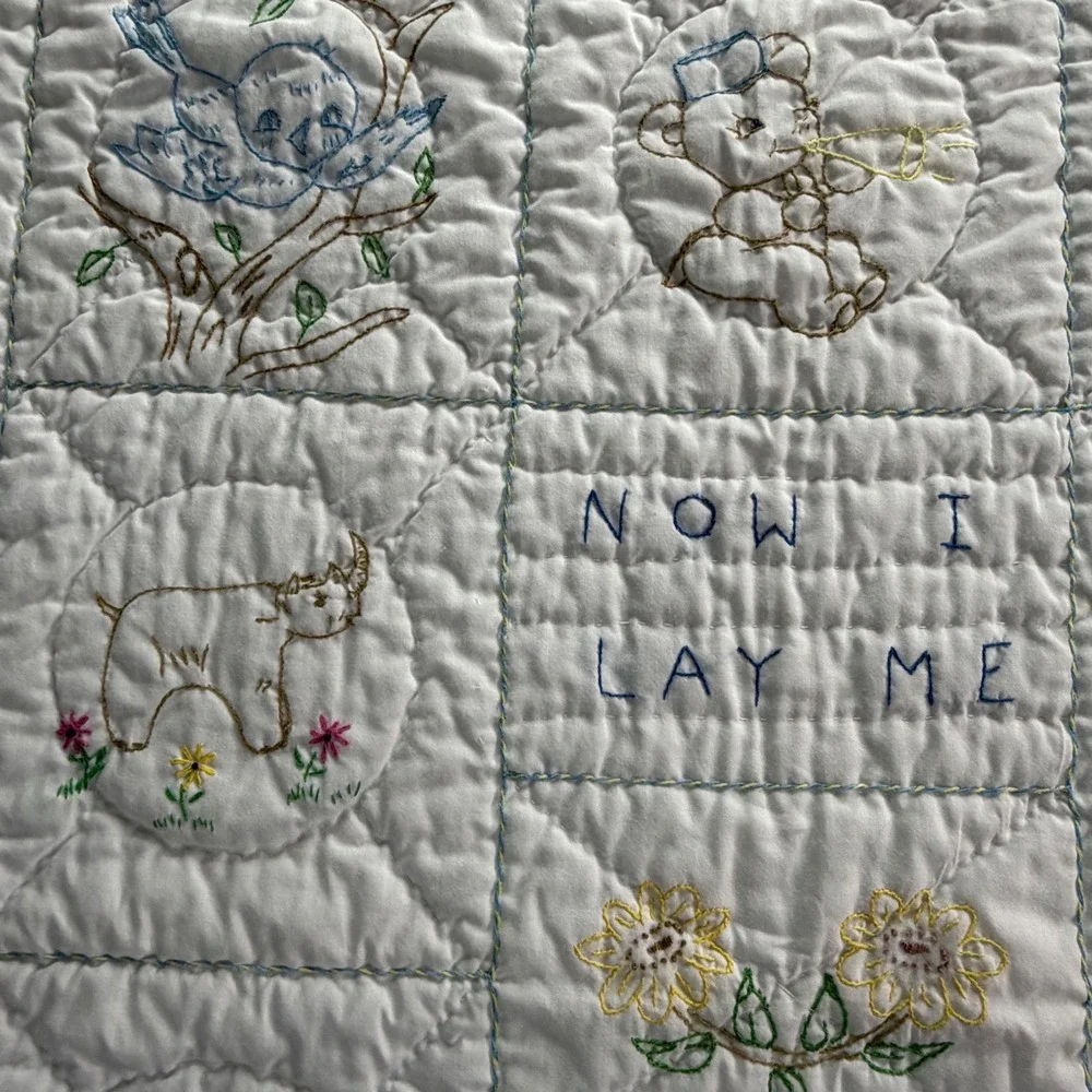 Vintage Precious Moments Baby Quilt Now I Lay Me Down To Sleep Embroidered White